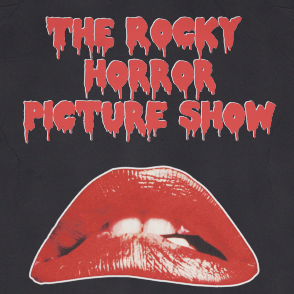 The Rocky Horror Picture Show in red dripped writing with red lips.